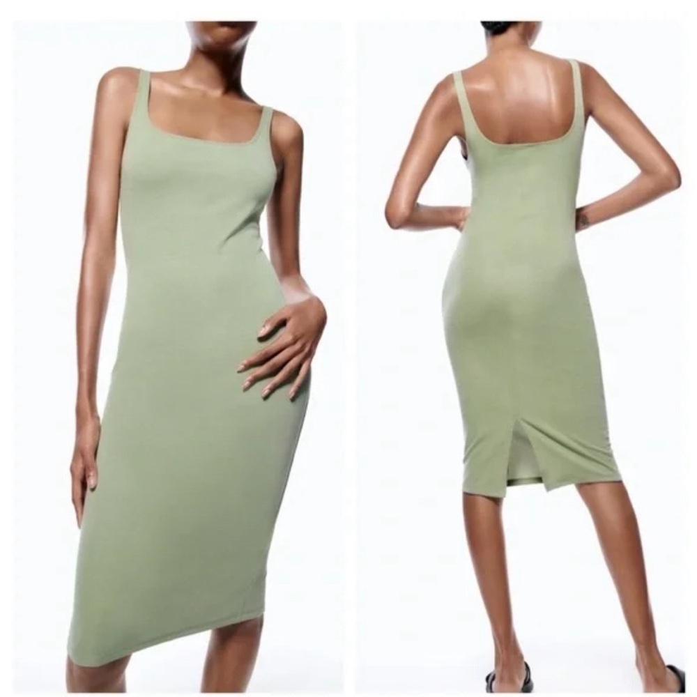 Zara Sage Green Trim Midi Sleeveless Bodycon Dress